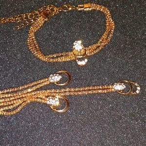 Gold tone and White Crystal Necklace and Bracelet Set